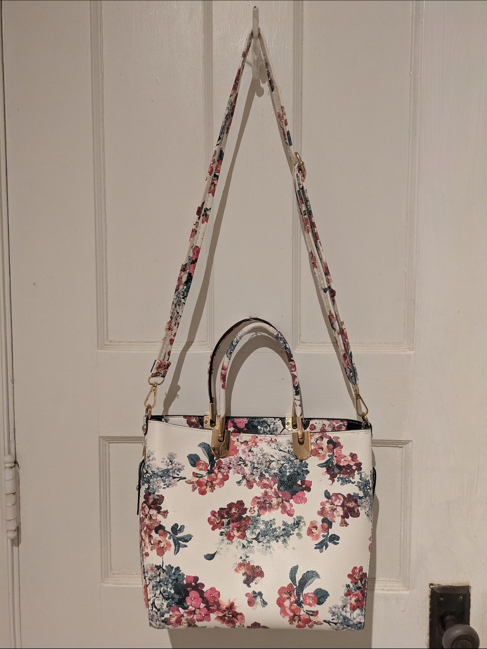 Floral Print Top-Handle Crossbody Bag in White and Pink